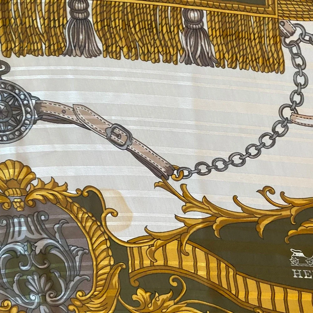 Equestrian Poste et Cavalerie Silk Poly Scarf Olive Green Red Gold‎ 34